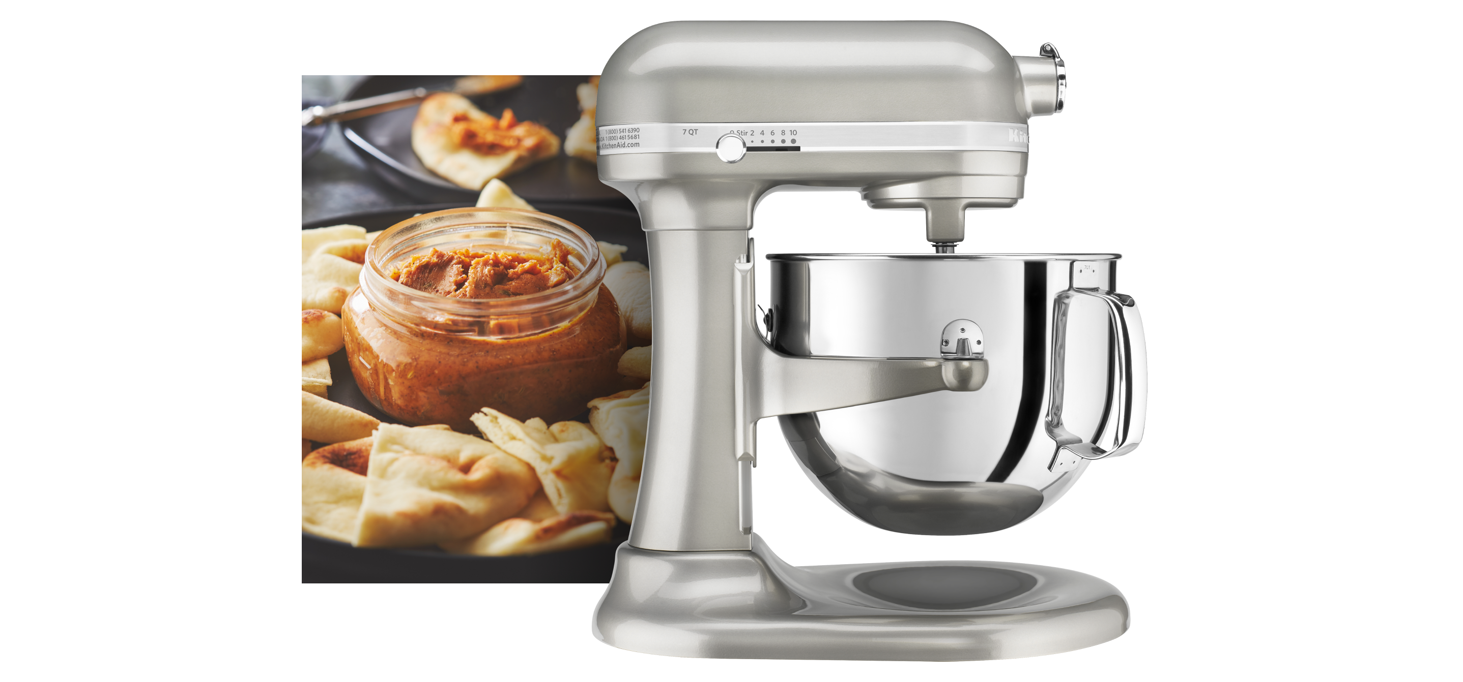 A Chrome stand mixer using a Secure Fit Pouring Shield