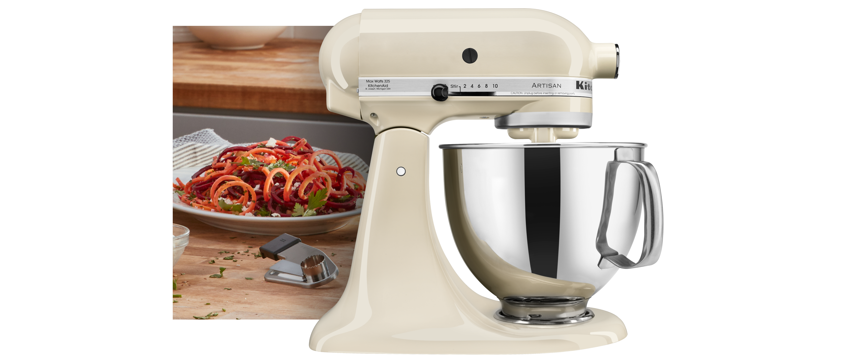 Almond Cream-colored tilt-head stand mixer.