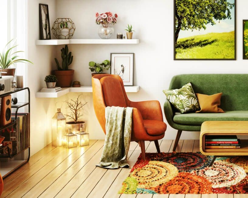 A bright, lively living room filled with plants and greenery.