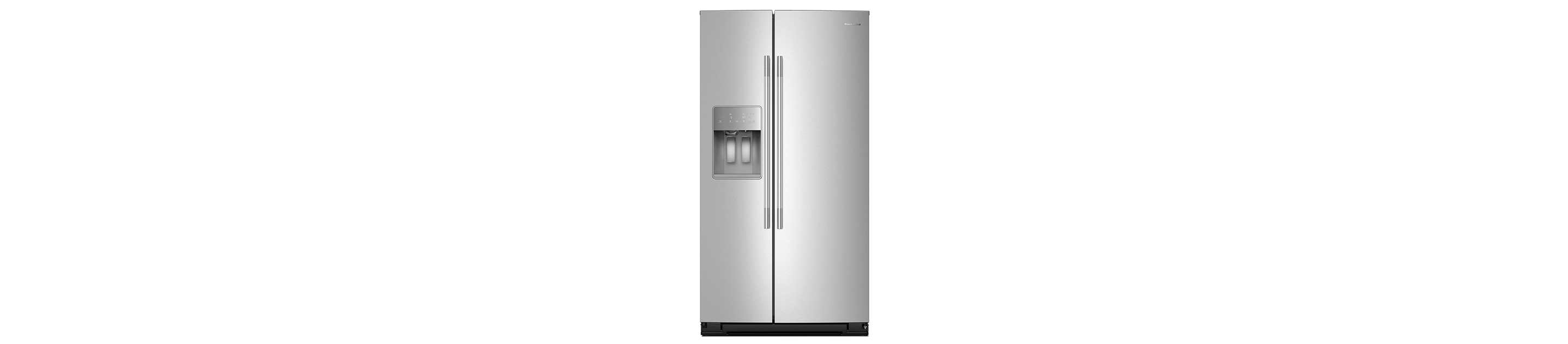 A Counter-Depth Side-by-Side Refrigerator with Exterior Ice and Water Dispenser.