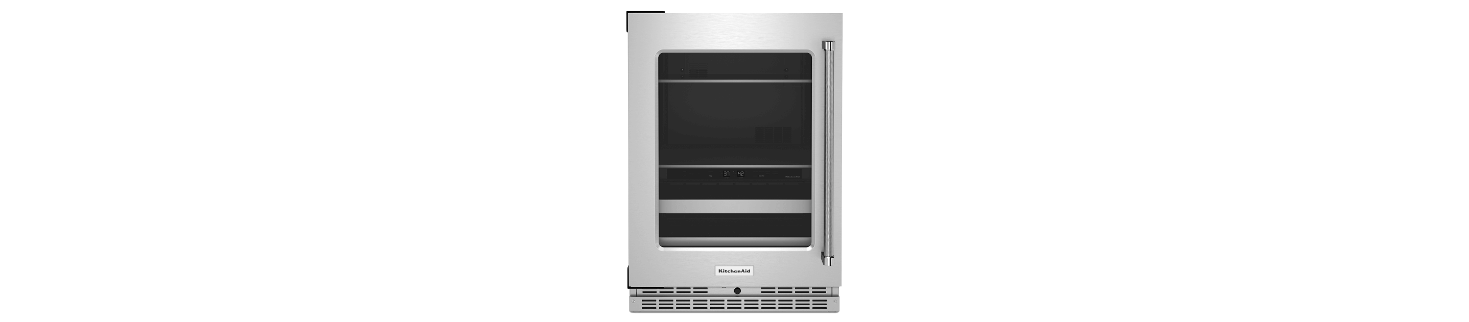 A 24" Beverage Center with Glass Door and Metal-Front Racks.