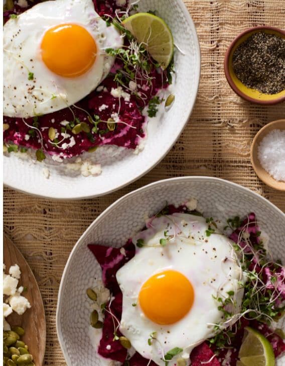 Chilaquiles with beetroot salsa.
