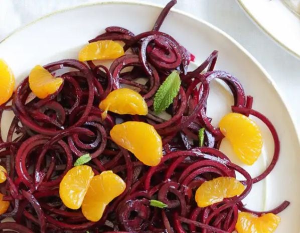A plate of beetroot spaghetti.