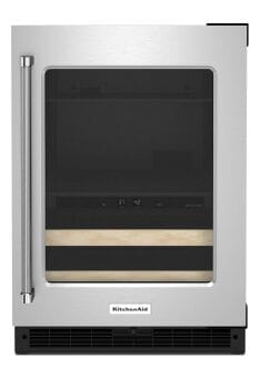 A 24" Beverage Center with Glass Door and Wood-Front Racks in Stainless Steel.