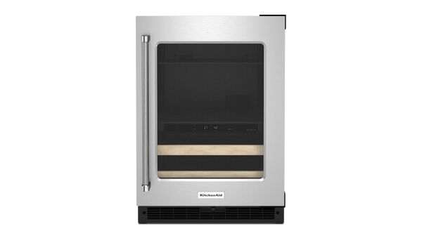 A 24" Beverage Center with Glass Door and Wood-Front Racks in Stainless Steel.