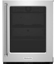 A 24" Undercounter Refrigerator with Glass Door in Stainless Steel.