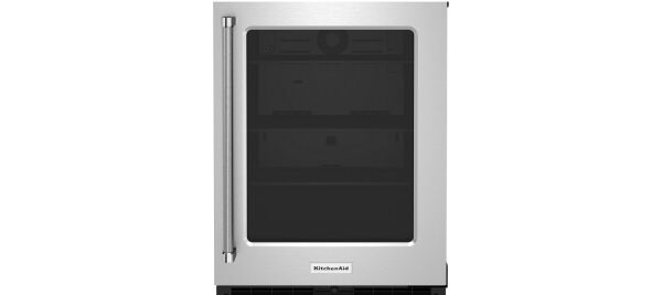 A 24" Undercounter Refrigerator with Glass Door in Stainless Steel.