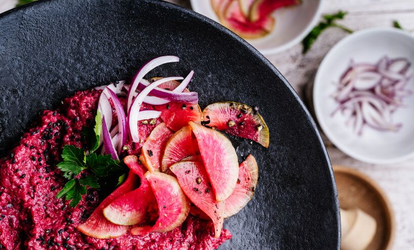 A sliced beetroot dish.