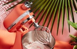A Bird of Paradise Stand Mixer tilted upwards with a whisk attachment doused in pink frosting.