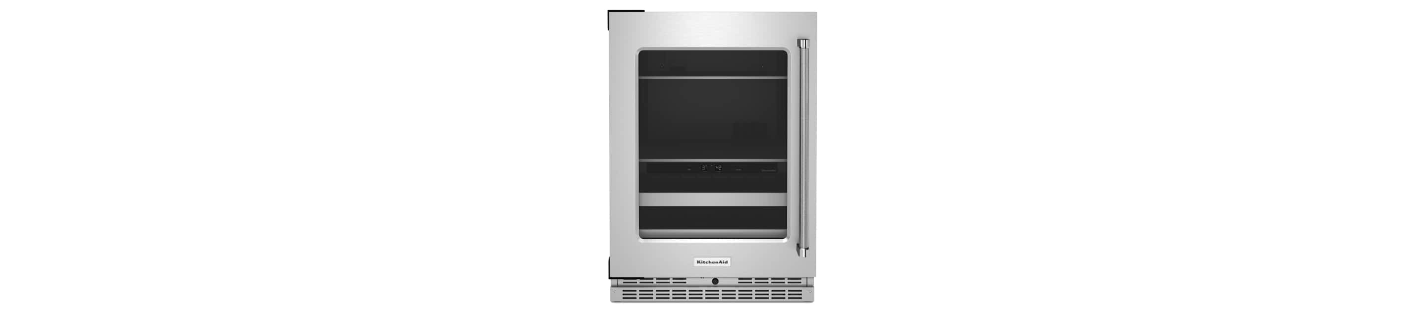 A 24" Beverage Center with Glass Door and Metal-Front Racks.