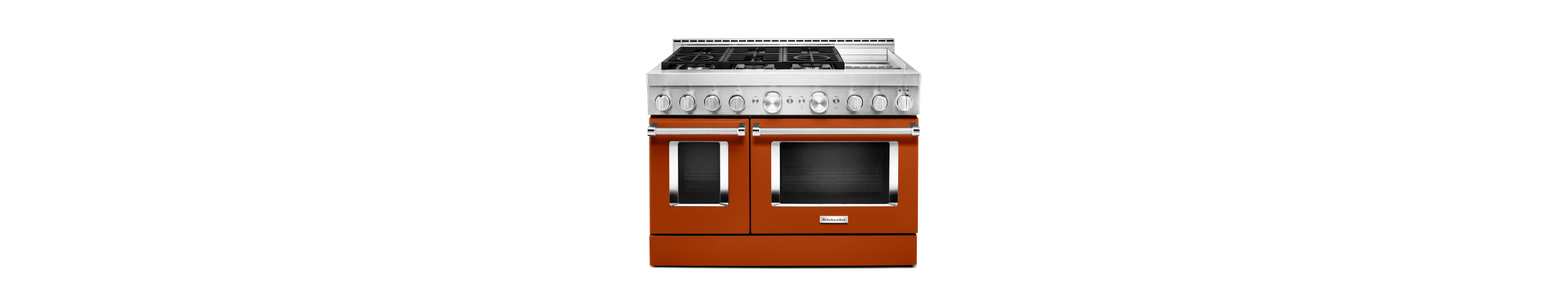 A KitchenAid smart commericial-style gas range with a griddle.