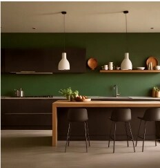 An emerald green eat-in kitchen.