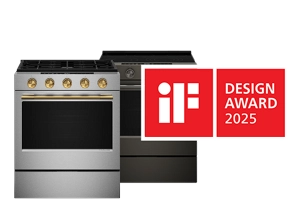 A pair of slide-in ranges with an iF Design Award badge on top.