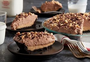 Slices of peanut butter chocolate mousse pie.