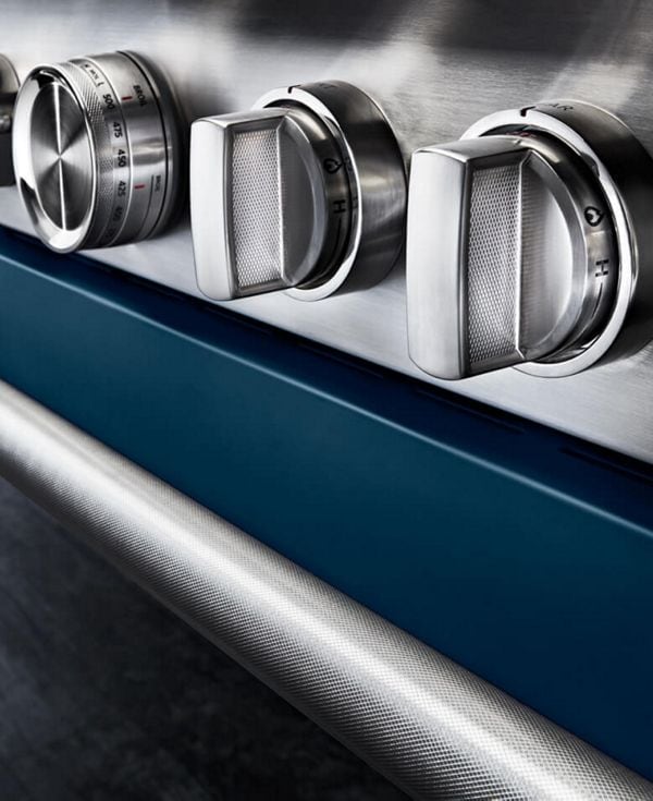 Close-up of ink blue range and handles.