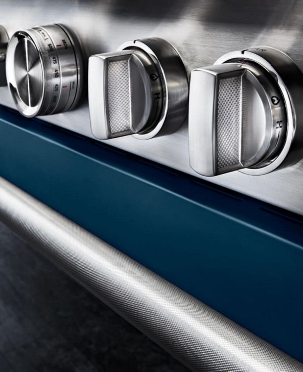 Close-up of ink blue range and handles.