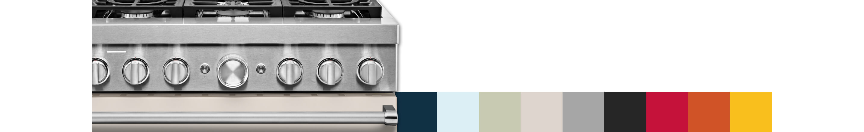 Close-up of commercial-style range, with a swatch of available colors beside it.