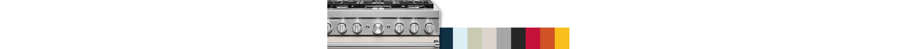 Close-up of commercial-style range, accompanied by a swatch of all available colors.