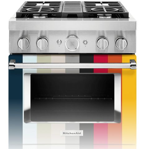 Product shot of commercial-style range with a strip of each color option on the front.