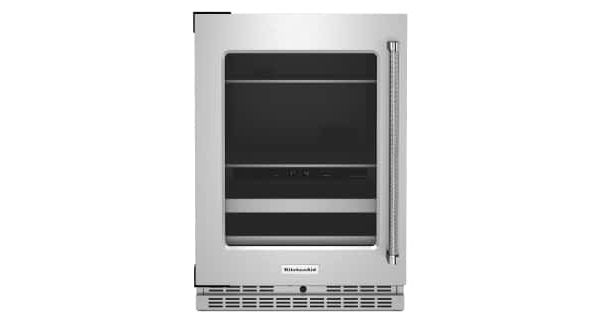 A KitchenAid® 24" Beverage Center with Glass Door and Metal-Front Racks.