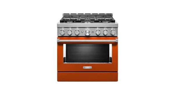 A KitchenAid® 36" Smart Commercial-Style Gas Range with 6 Burners.