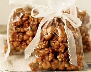 Pumpkin spice caramel corn tied in a plastic bag.