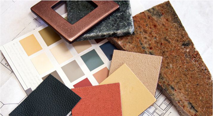 A collection of different color swatches, materials and patterns.