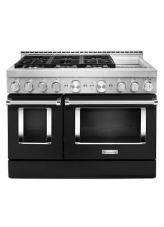A KitchenAid® 48" Smart Commercial-Style Gas Range with Griddle.