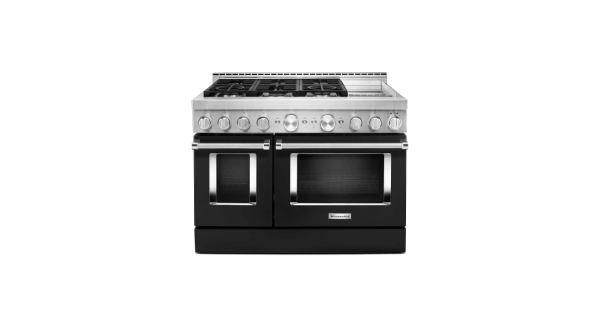 A KitchenAid® 48" Smart Commercial-Style Gas Range with Griddle.