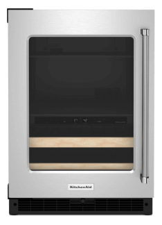 A KitchenAid® 24" Beverage Center with Glass Door and Wood-Front Racks.