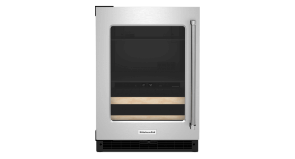 A KitchenAid® 24" Beverage Center with Glass Door and Wood-Front Racks.