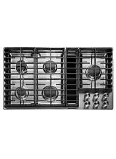A KitchenAid® 36" 5 Burner Gas Downdraft Cooktop.