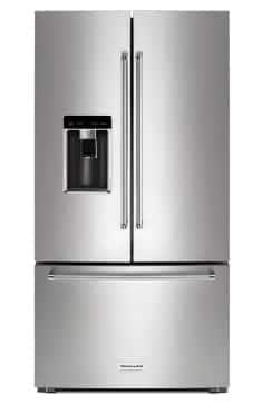 A KitchenAid® 36" Counter-Depth French Door Platinum Interior Refrigerator with PrintShield™ Finish.