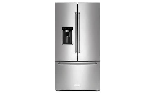 A KitchenAid® 36" Counter-Depth French Door Platinum Interior Refrigerator with PrintShield™ Finish.