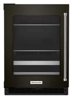 A KitchenAid® 24" Beverage Center with Glass Door and Wood-Front Racks.