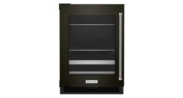 A KitchenAid® 24" Beverage Center with Glass Door and Wood-Front Racks.