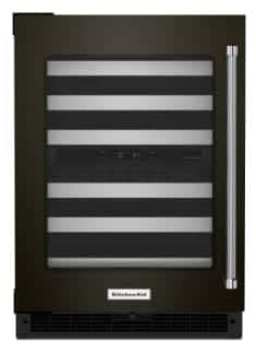 A KitchenAid® 24" Undercounter Wine Cellar with Glass Door and Metal-Front Racks.