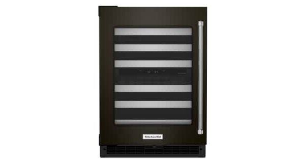 A KitchenAid® 24" Undercounter Wine Cellar with Glass Door and Metal-Front Racks.