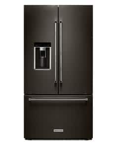 A KitchenAid® 36" Counter-Depth French Door Platinum Interior Refrigerator with PrintShield™ Finish.