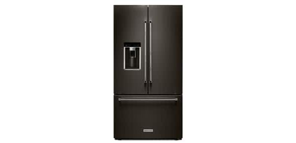 A KitchenAid® 36" Counter-Depth French Door Platinum Interior Refrigerator with PrintShield™ Finish.