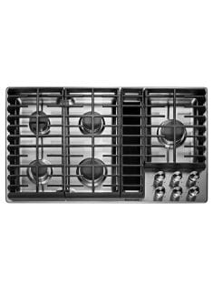 A KitchenAid® 36" 5 Burner Gas Downdraft Cooktop.