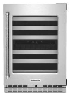 A KitchenAid® 24" Undercounter Wine Cellar with Glass Door and Metal-Front Racks.
