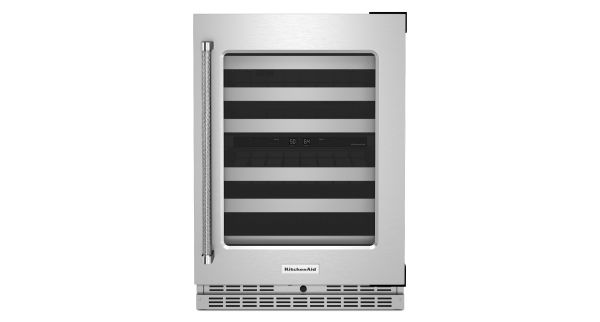 A KitchenAid® 24" Undercounter Wine Cellar with Glass Door and Metal-Front Racks.
