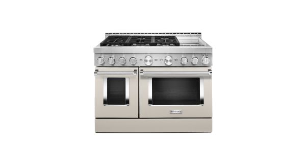 A KitchenAid® 48" Smart Commercial-Style Gas Range with Griddle.
