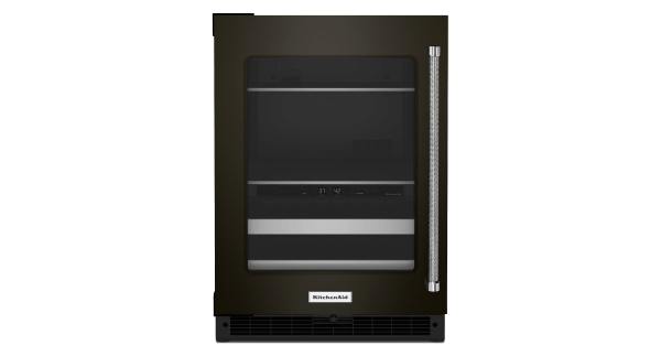 A KitchenAid® 24" Beverage Center with Glass Door and Wood-Front Racks.