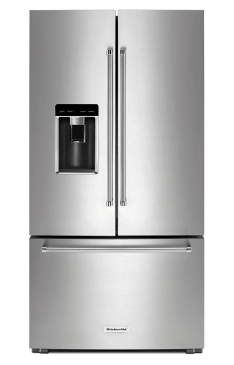 A KitchenAid® 36" Counter-Depth French Door Platinum Interior Refrigerator with PrintShield™ Finish.