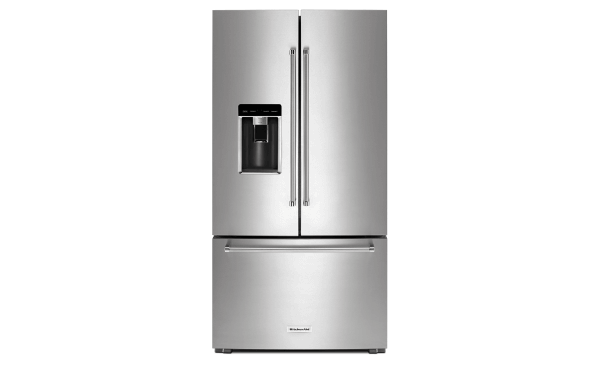 A KitchenAid® 36" Counter-Depth French Door Platinum Interior Refrigerator with PrintShield™ Finish.