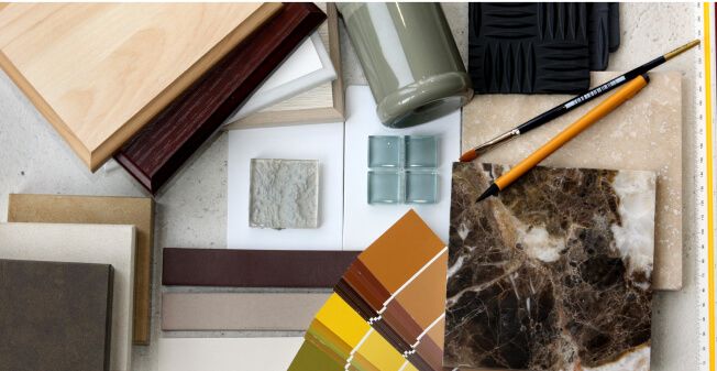 Assortment of color, cabinet, countertop and backsplash images in earth tones.