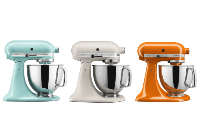 A row of three Artisan® Series 5 Quart Tilt-Head Stand Mixers.