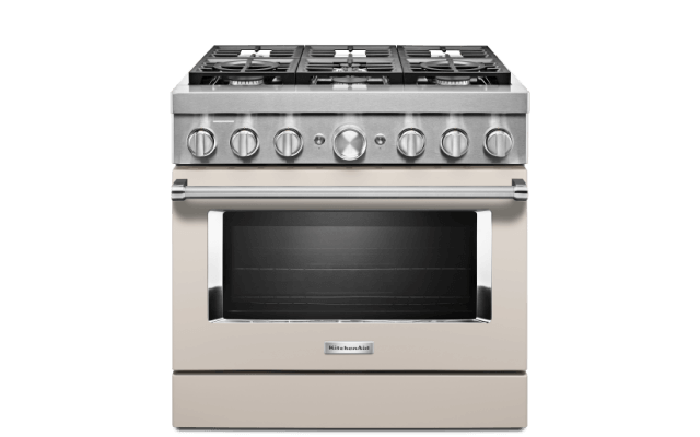 A Smart Commercial-Stle Dual Fuel Range in Avocado Cream.